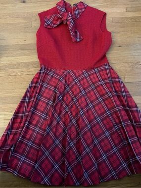 Leo Danal MCM Vintage Red and Plaid Pleated Crimplene Dress